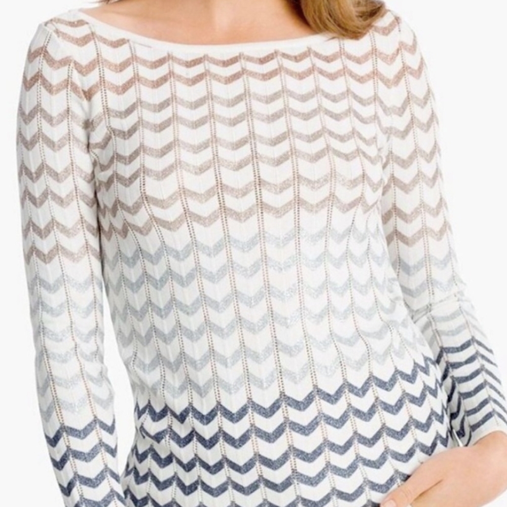 White House Black Market Chevron Ombre Scoop Neck Sweater in White, Tan, Blue